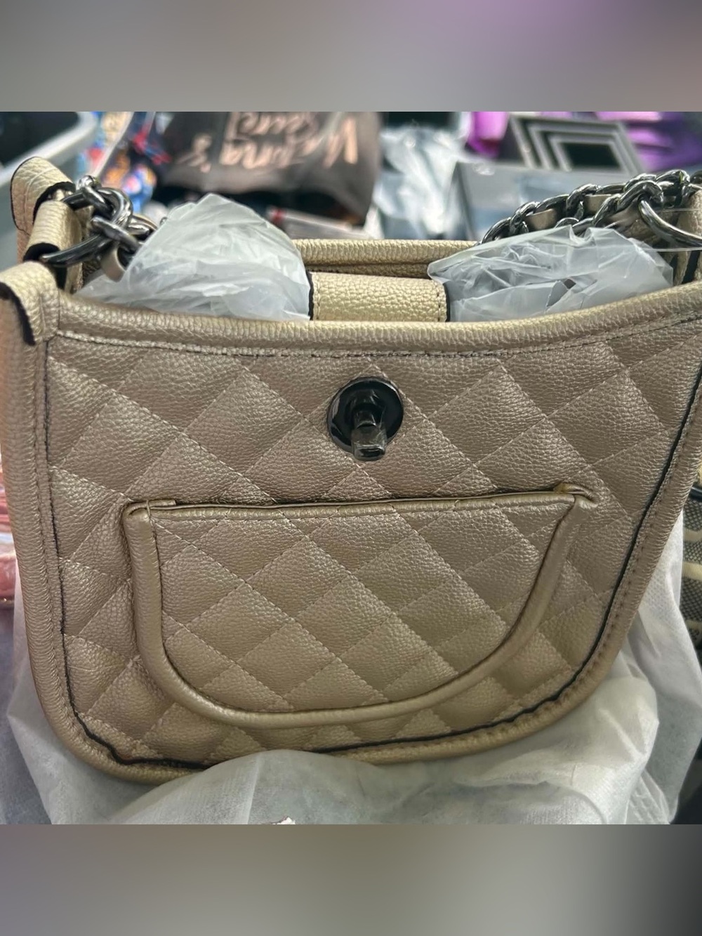 Quilted Metallic Beige Crossbody Handbag with Chain Strap